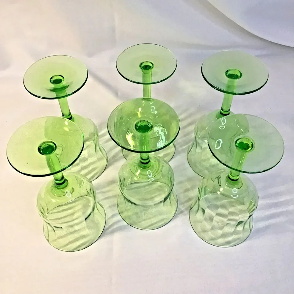 Vintage Green Optic-Panel Stem Goblet  Glasses Set Of 6